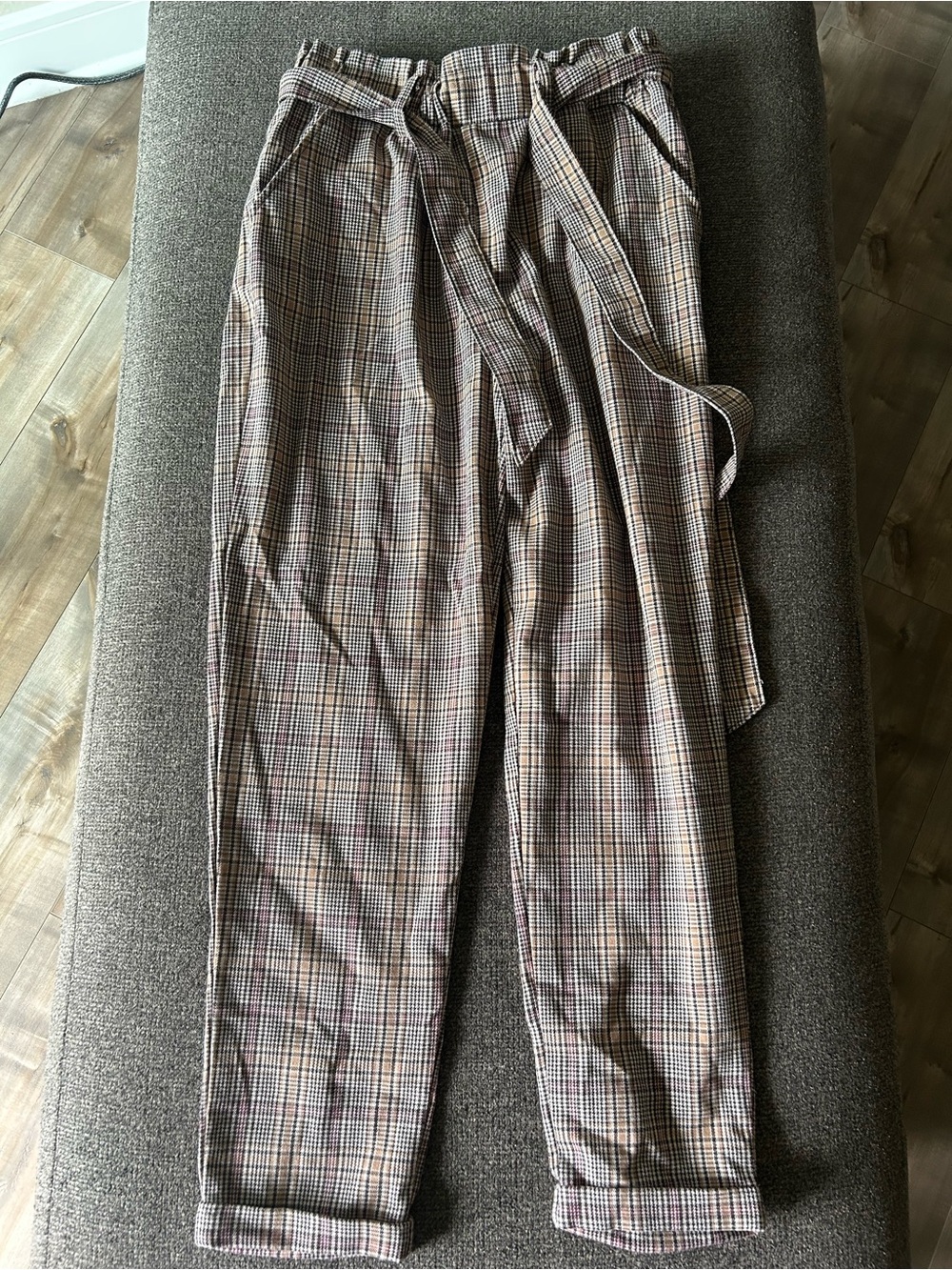 High-Waist Plaid Paperbag Trousers in Brown